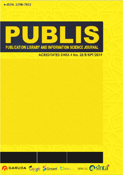 ournal of PUBLIS is a scientific journal that accommodates writers from students, teachers, researchers and practitioners in the field of library, librarianship, library technology, information and communication in library. The PUBLIS Journal receives both the research paper and the conceptual notion of the study or scientific field presented above.